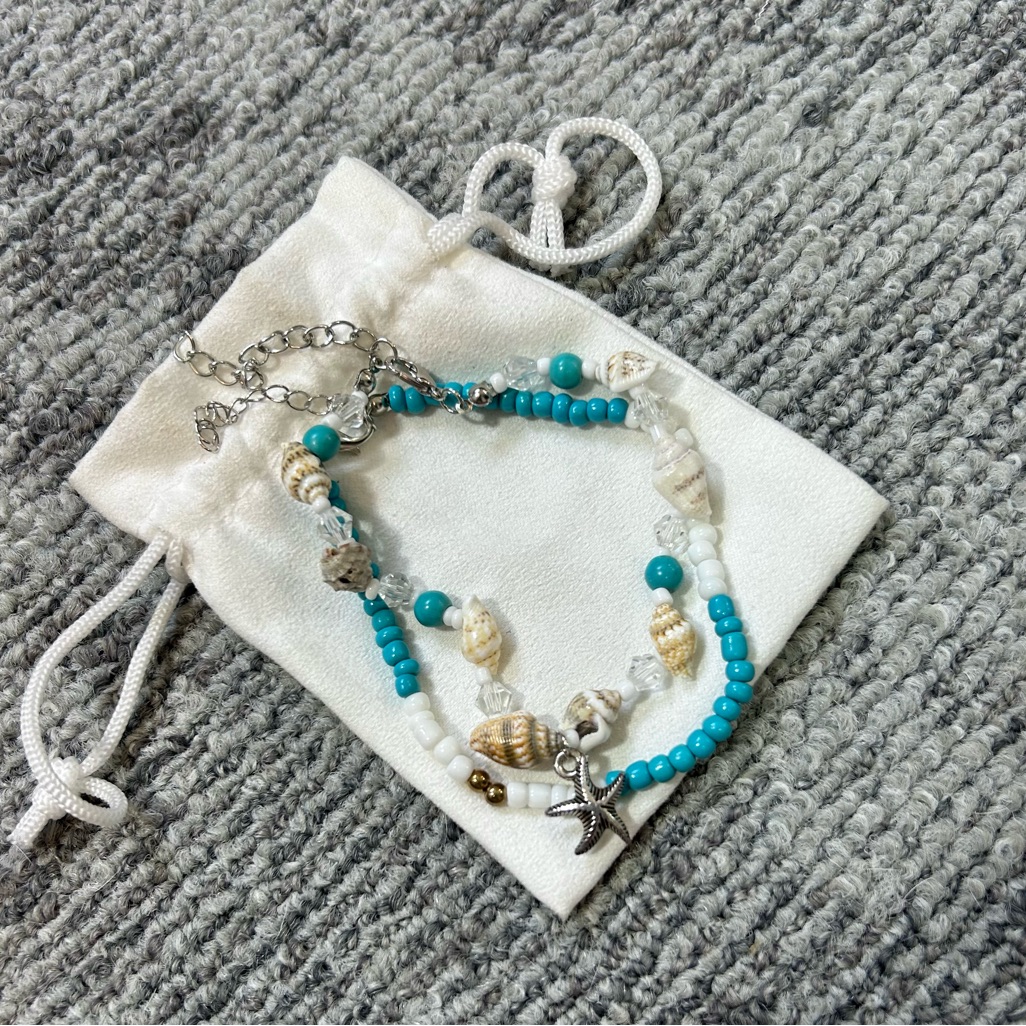 Turquoise White Seashell Beaded Silver Starfish Charm Anklet 10$